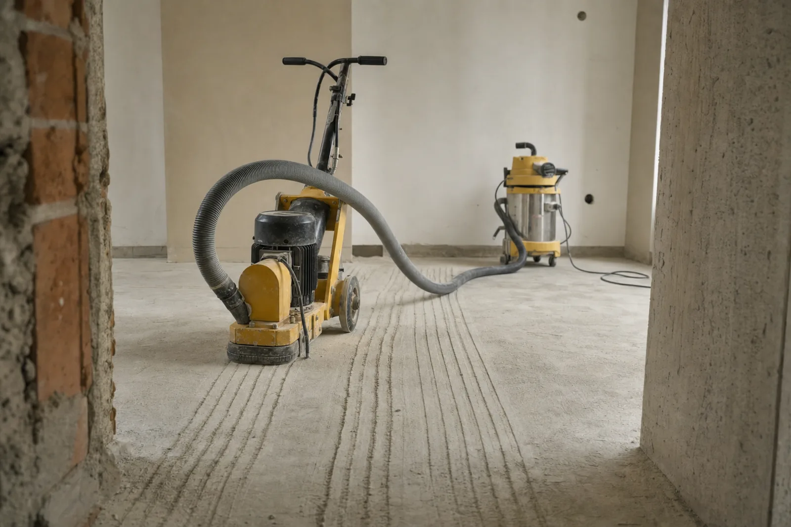 Fräsmaschine mit Absaugschlauch auf einem freigelegten Estrichboden
