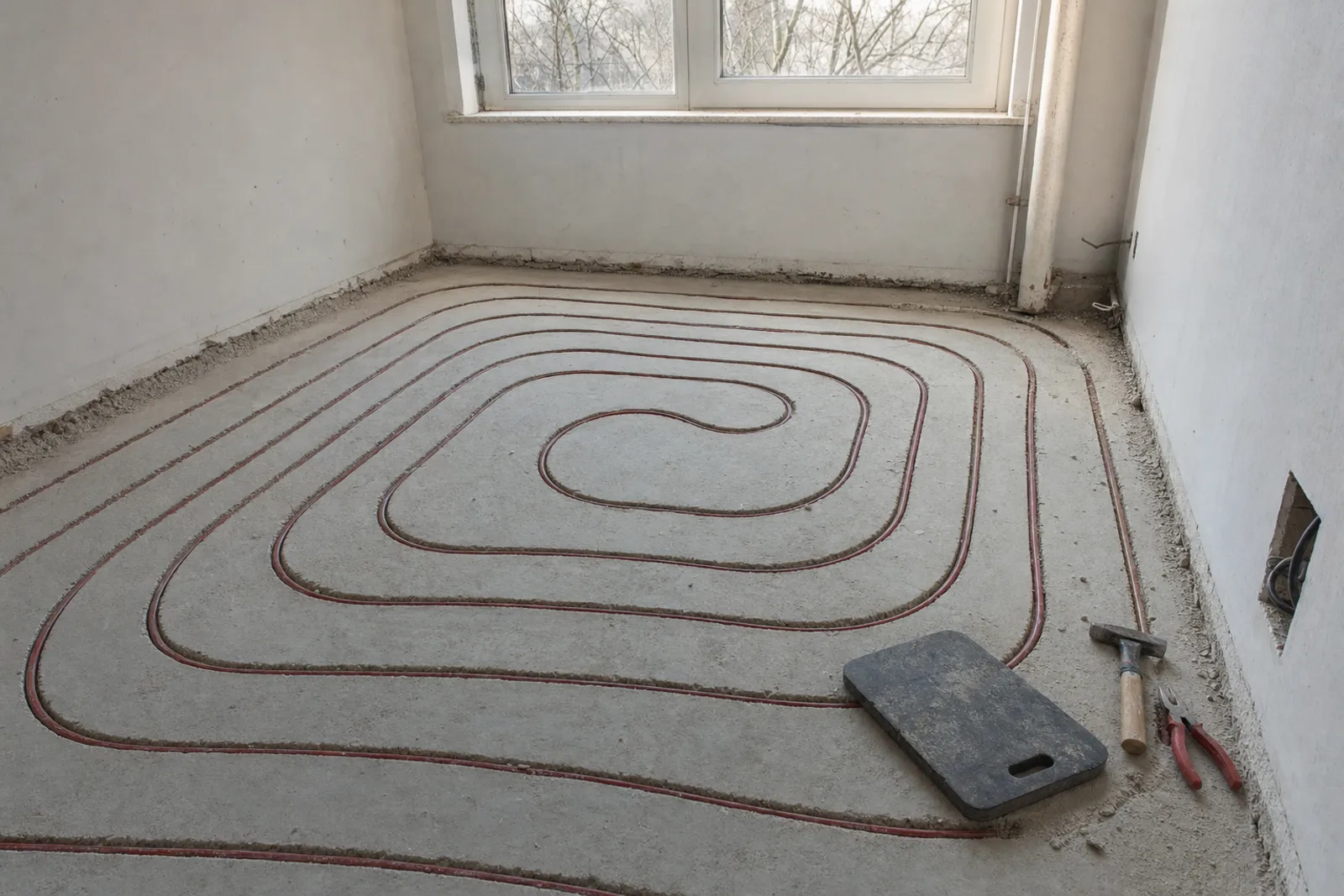 Fräskanäle in einem Estrichboden, in die Heizrohre in Schleifen eingelegt sind