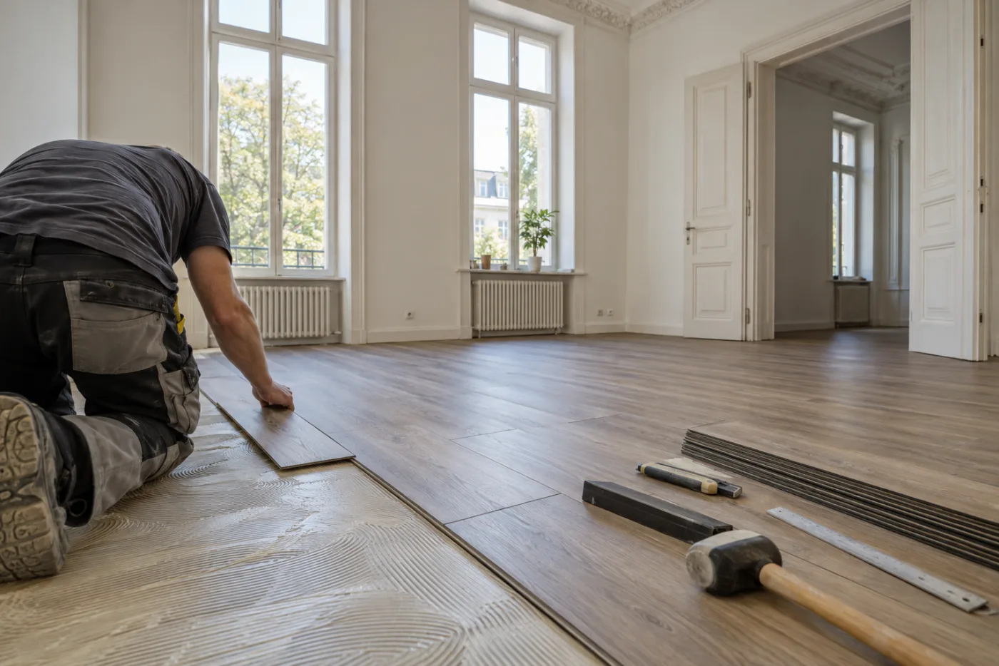 KI-generiertes Symbolbild: Fachkraft verlegt Vinylplanken in einem Altbauzimmer mit hoher Decke, am Rand liegt der Untergrund frei.