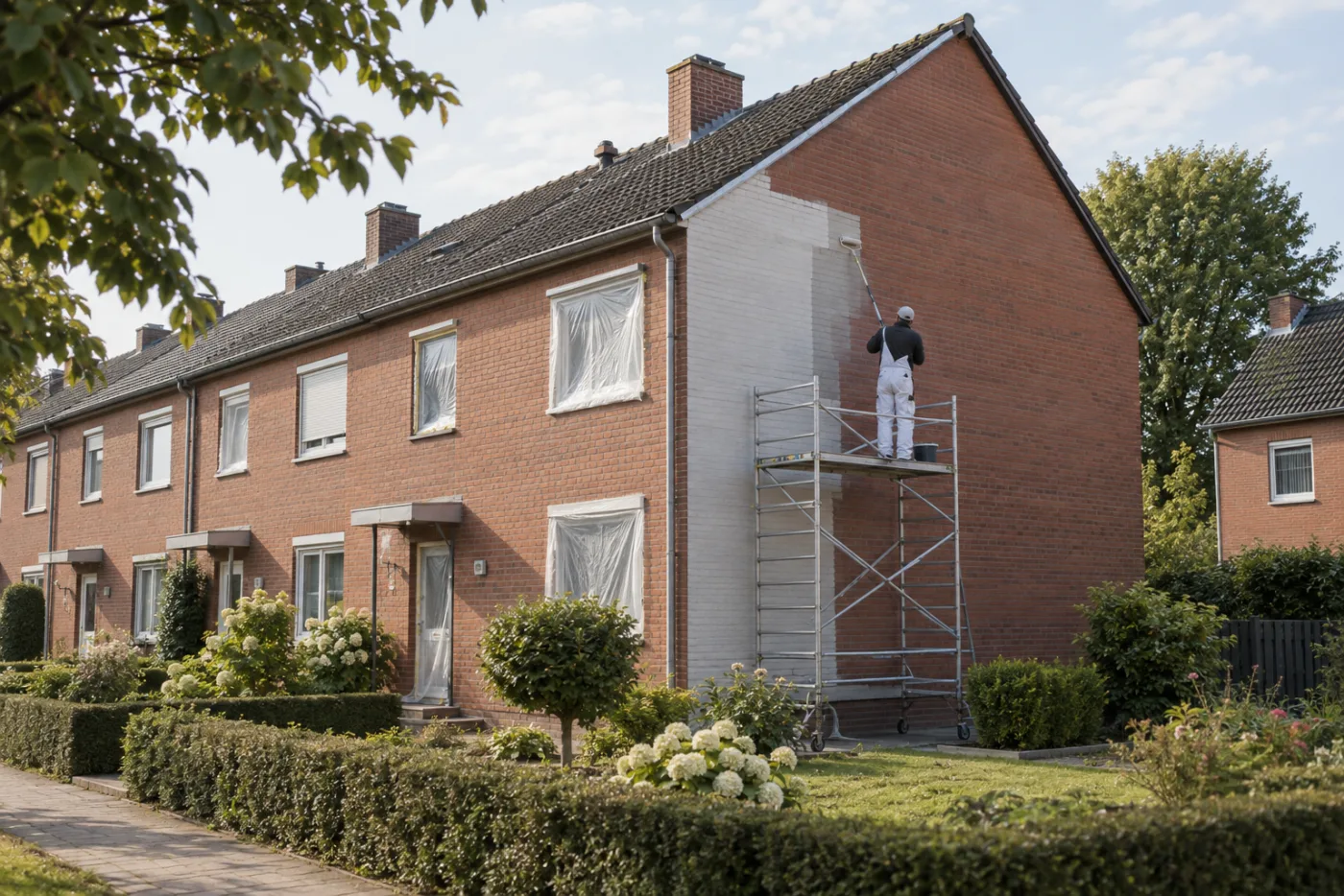 KI-generiertes Symbolbild: Maler streicht die Fassade eines Backsteinhauses in einer Bergarbeitersiedlung mit Rollgerüst.