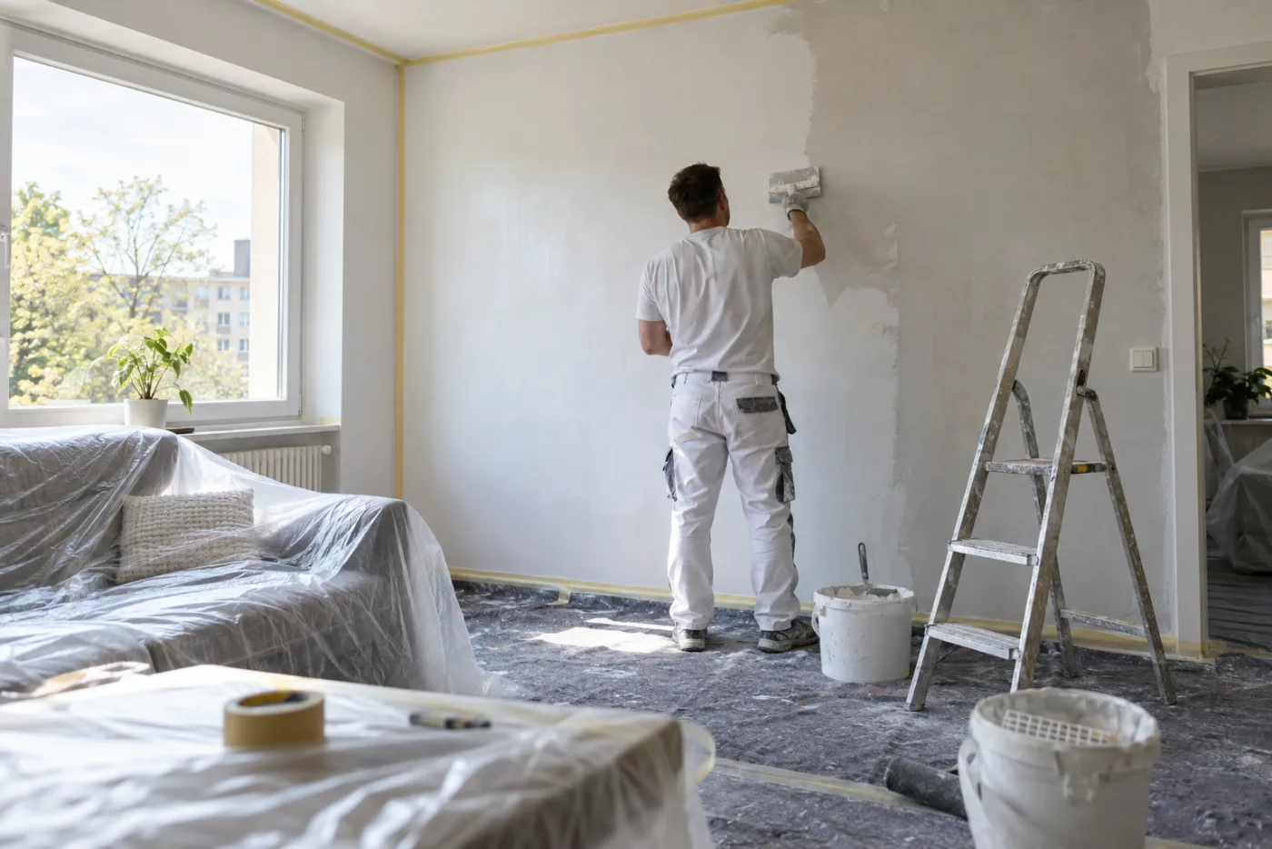 KI-generiertes Symbolbild: Fachkraft spachtelt und streicht eine Wand in einer Wohnung eines Essener Nachkriegsbaus, die Möbel sind abgedeckt.