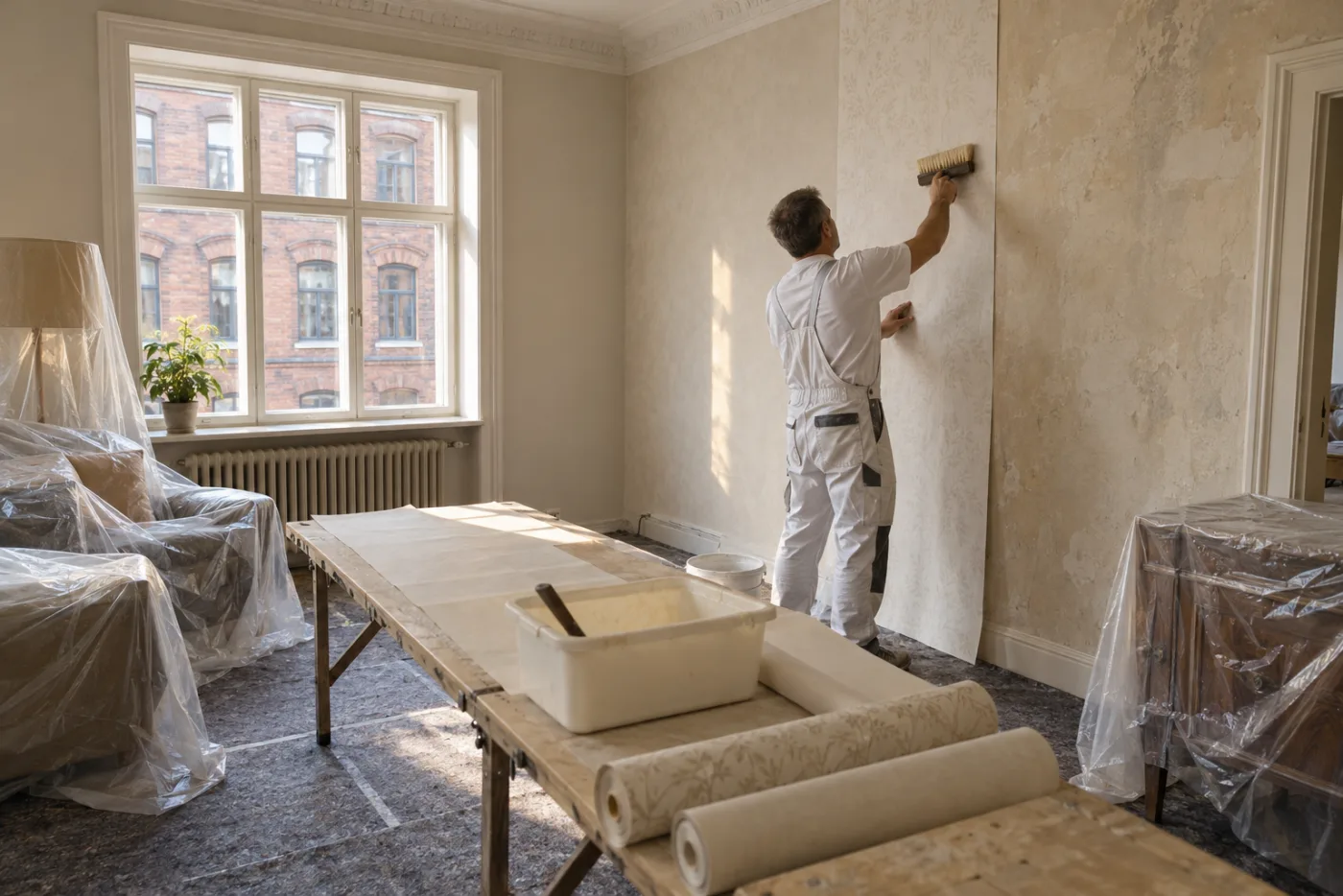 KI-generiertes Symbolbild: Maler tapeziert in einer Wohnung eines älteren Mehrfamilienhauses eine Wand, Möbel sind mit Folie abgedeckt.