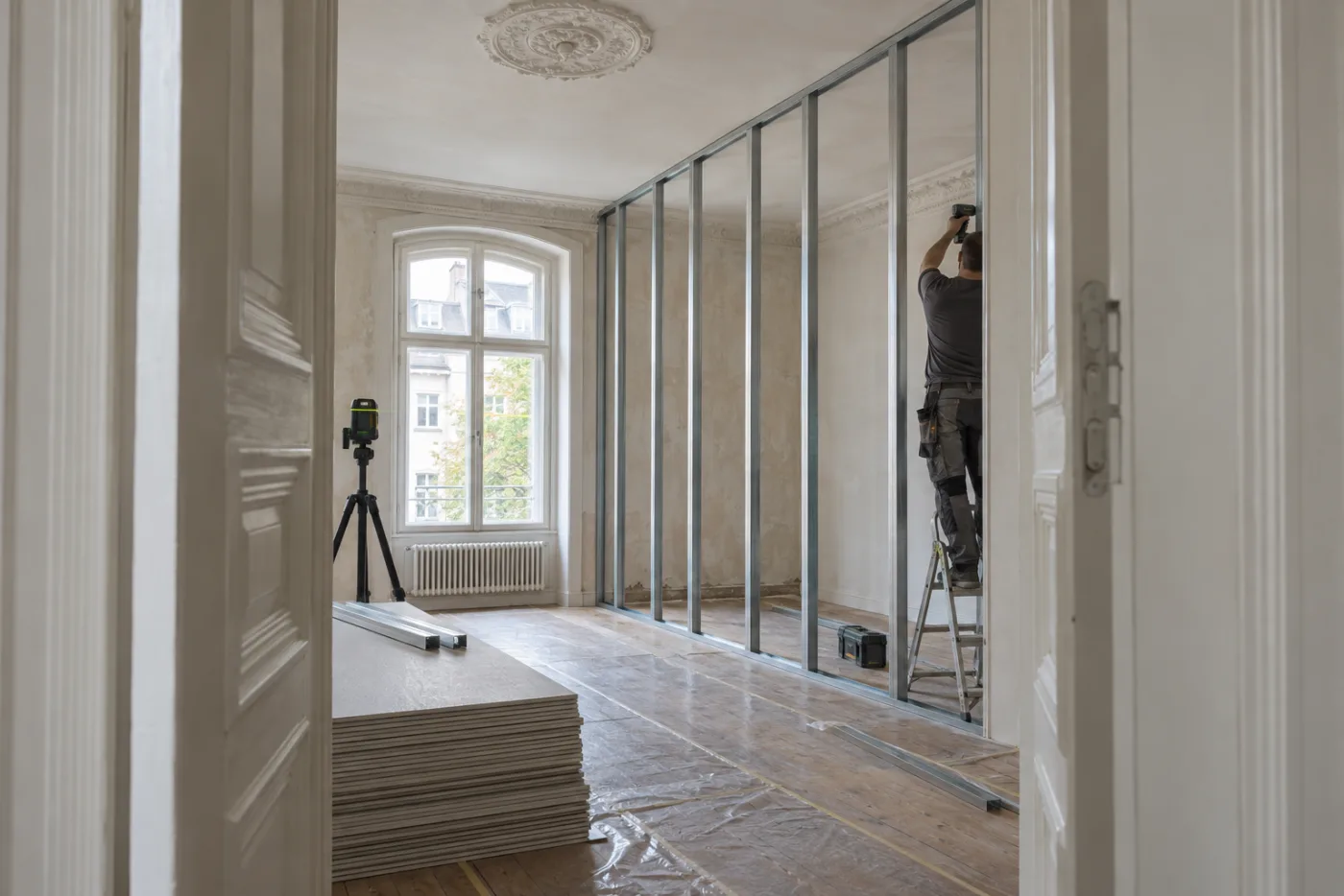 KI-generiertes Symbolbild: Trockenbauer stellt in einer großen Altbauwohnung eines Gelsenkirchener Mehrfamilienhauses eine Ständerwand aus Metallprofilen auf.